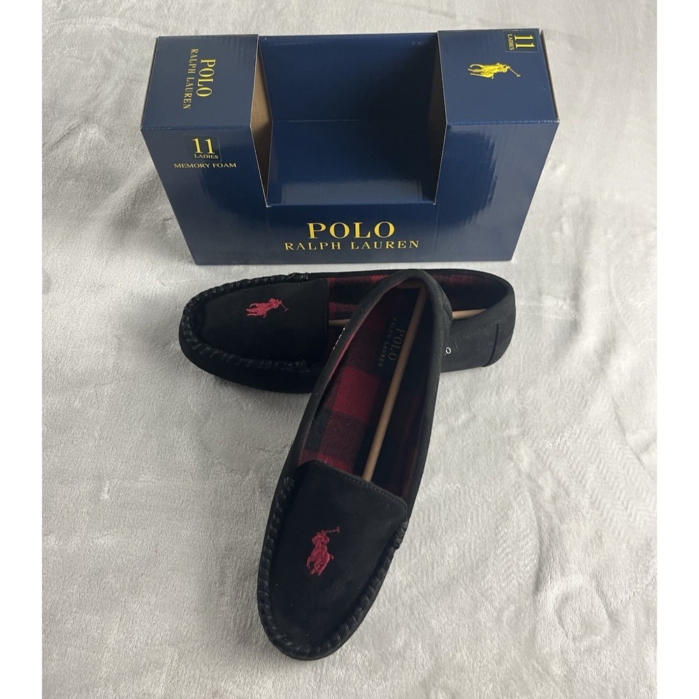 Polo Ralph Lauren Slipper Women 11 Black Dezi V Moccasin Memory Foam Pony Logo